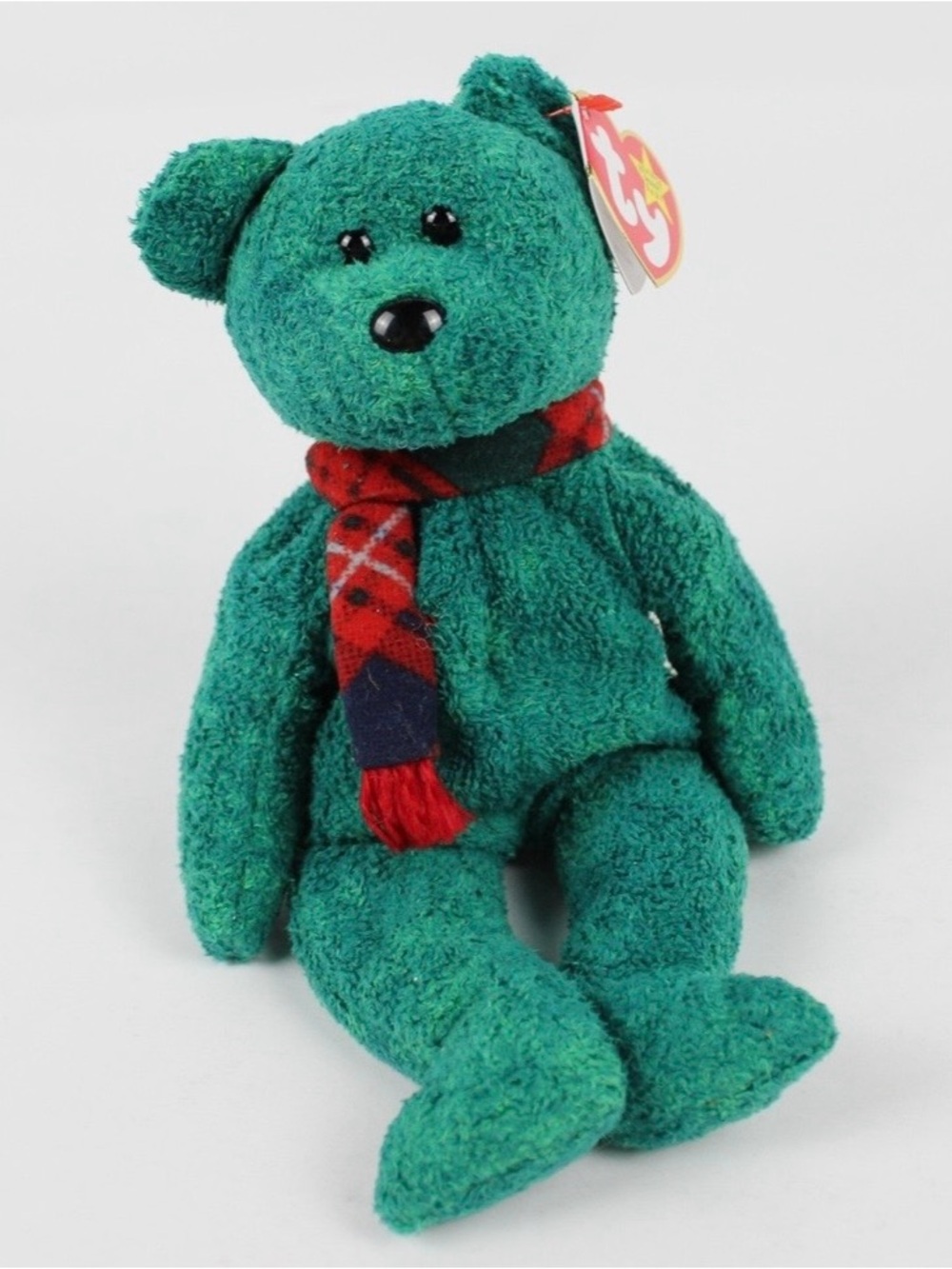 Ty Green Plush Bear with Red Plaid Scarf - Kids Toy